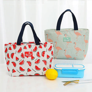 flamingo and watermelon stylish lunch tote bag for women on desk