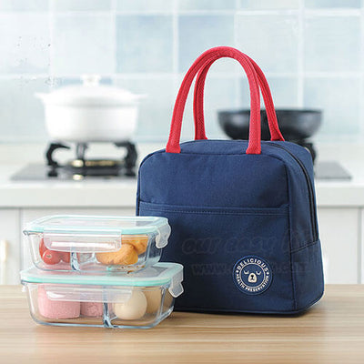 navy blue insulated tote lunch bag for women to work simple design with zipper pocket with lunch containers display