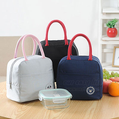 pink navy blue black insulated lunch tote bags for women to work simple design with zipper pocket display on desk