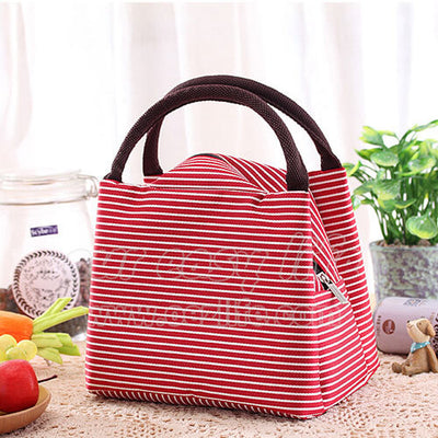 red portable insulated tote lunch bag for women to work zipper on desk