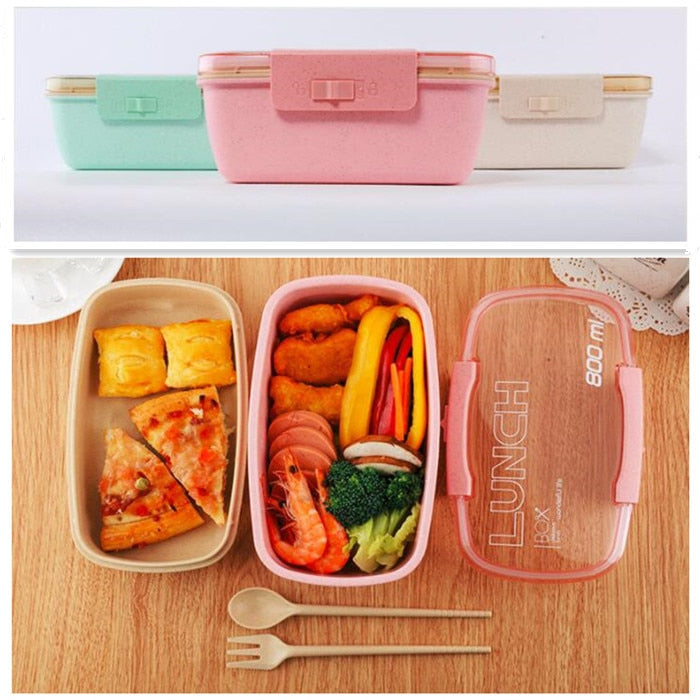 Double Decker Bento Lunch Boxes for Adults and kids, Wheat Straw, 800ml
