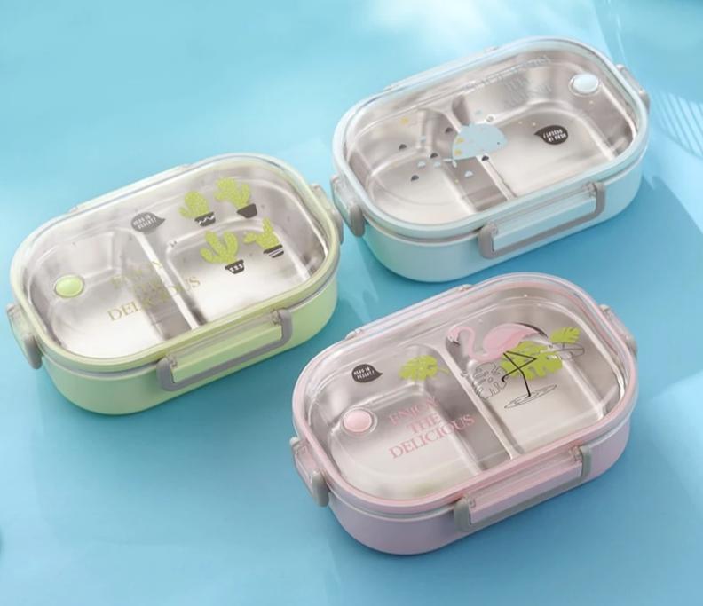 Cute School Bento Lunch Boxes for Kids, 2 Compartments, Stainless Steel