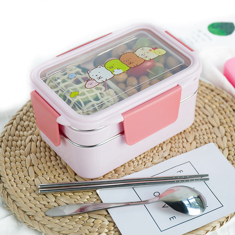 Double Decker Cute School Bento Lunch Boxes for Kids, Stainless Steel, 2 Compartments