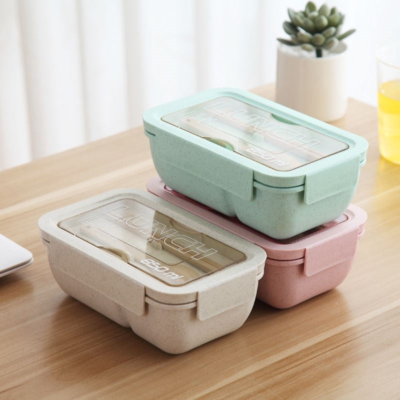 2 Compartments Bento Lunch Boxes for Adults and Kids, Wheat Straw, 850ml